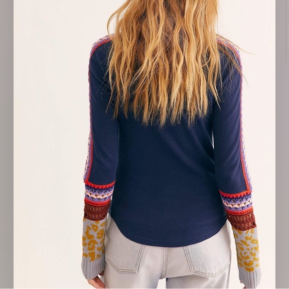 Free People Switch It Up Crochet Trim Navy Mock Neck Thermal Top Size Small - Picture 3 of 3